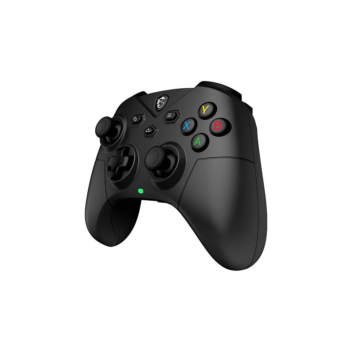 Schwarzer Gamecontroller. Schwarze Tasten mit farbigen Markierungen. Grün leuchtende LED.