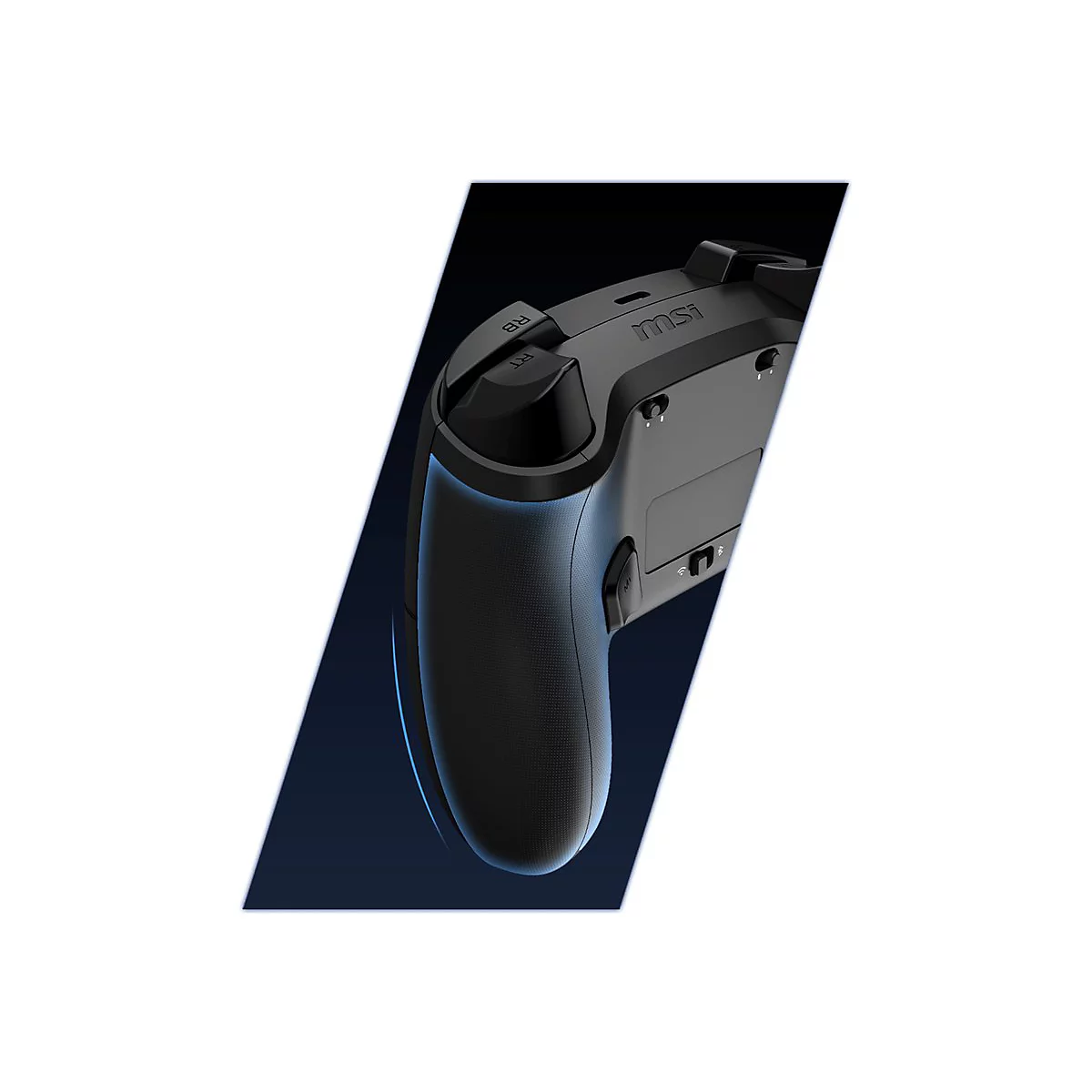 Nahaufnahme eines schwarzen Gamepads. Die Oberseite zeigt die Tasten RB und RT, darunter der MSI-Schriftzug.
