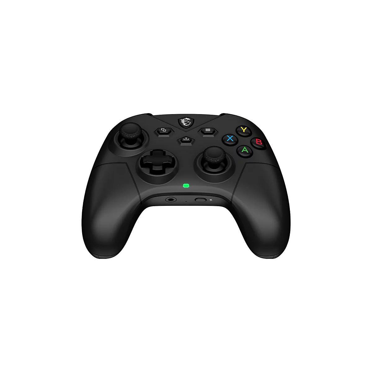 Schwarzer Gaming-Controller mit Knöpfen und Joystick, isoliert auf weißem Hintergrund.