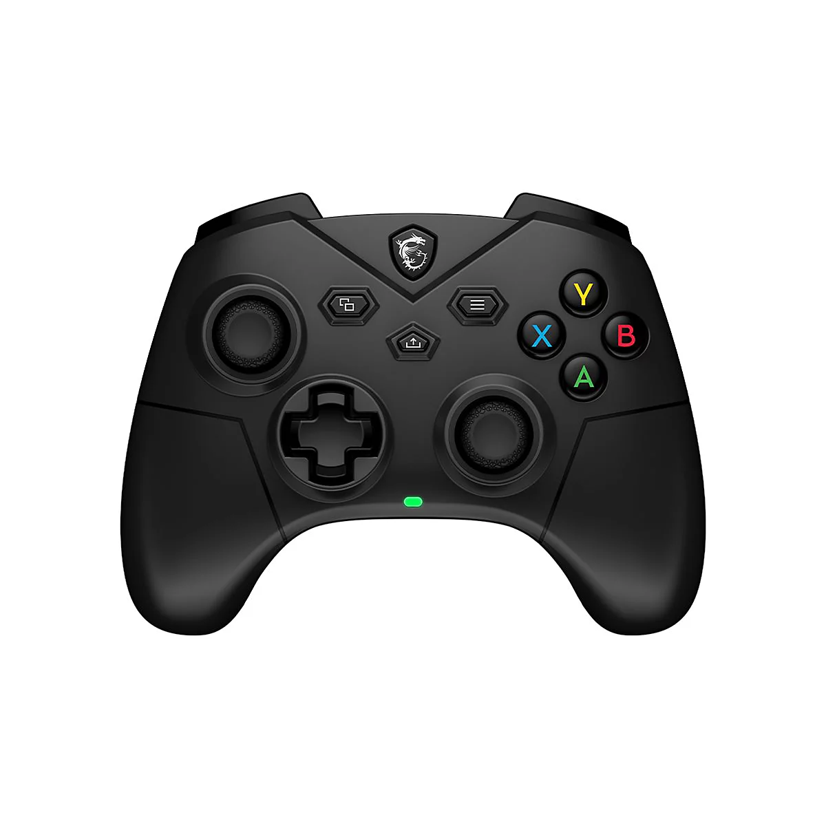 Schwarzer Gamecontroller mit farbigen Knöpfen. Das MSI-Logo ist oben mittig zu sehen.
