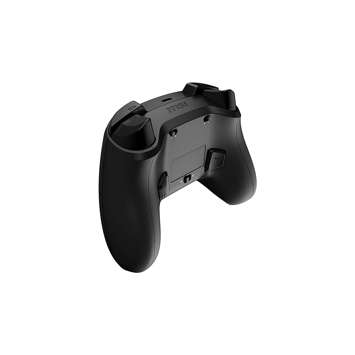 Rückseite eines schwarzen MSI Gaming-Controllers mit gut sichtbaren Tasten und Firmenlogo auf weißem Hintergrund.