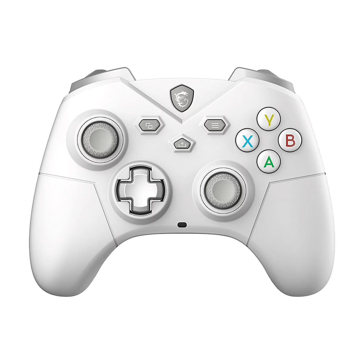 Weißer Gaming-Controller mit farbigen Aktionstasten, MSI-Logo oben in der Mitte und symmetrischem Layout.