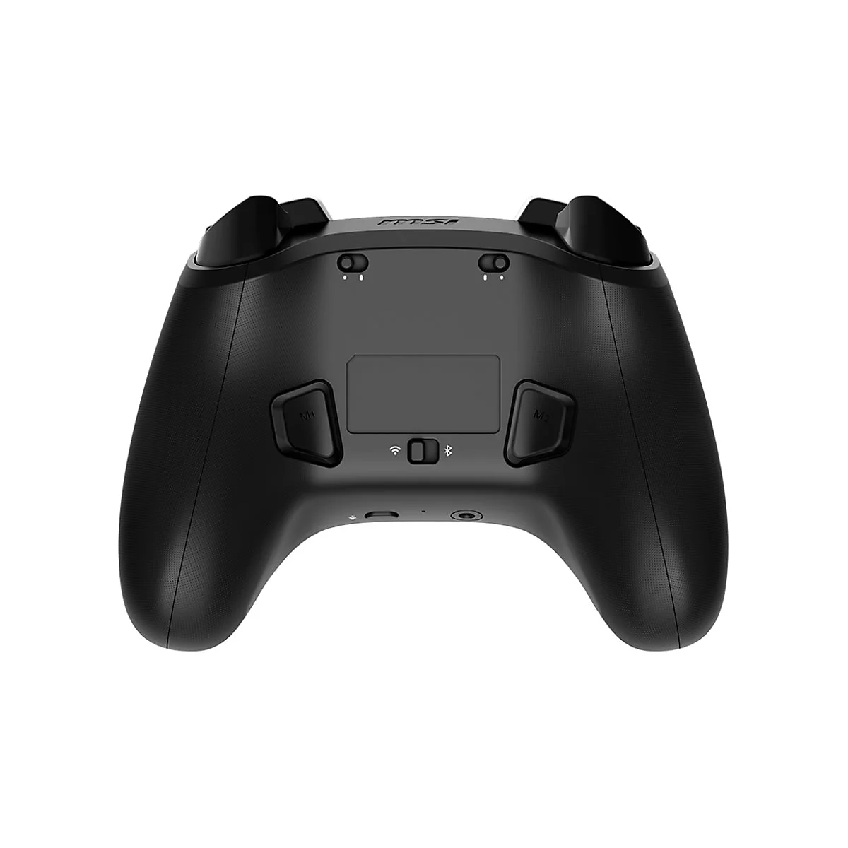Rückseite eines schwarzen MSI-Gamecontrollers mit zwei zusätzlichen Tasten, Umschalter für Verbindung und MSI-Logo.
