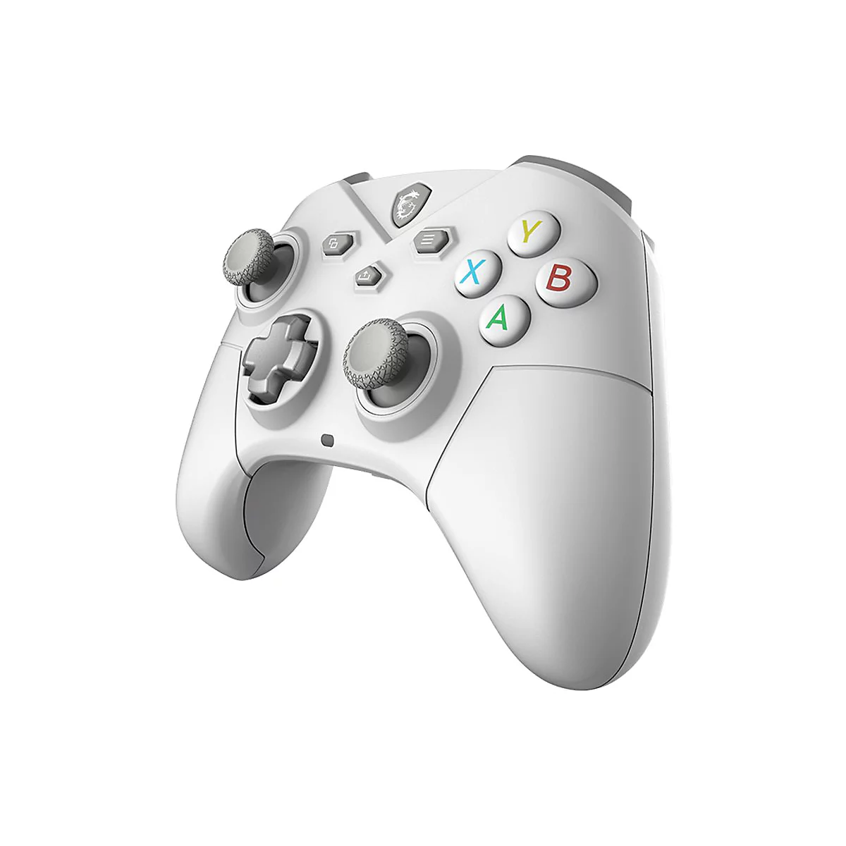 Weißer MSI Gaming-Controller mit bunten ABXY-Tasten vor weißem Hintergrund.