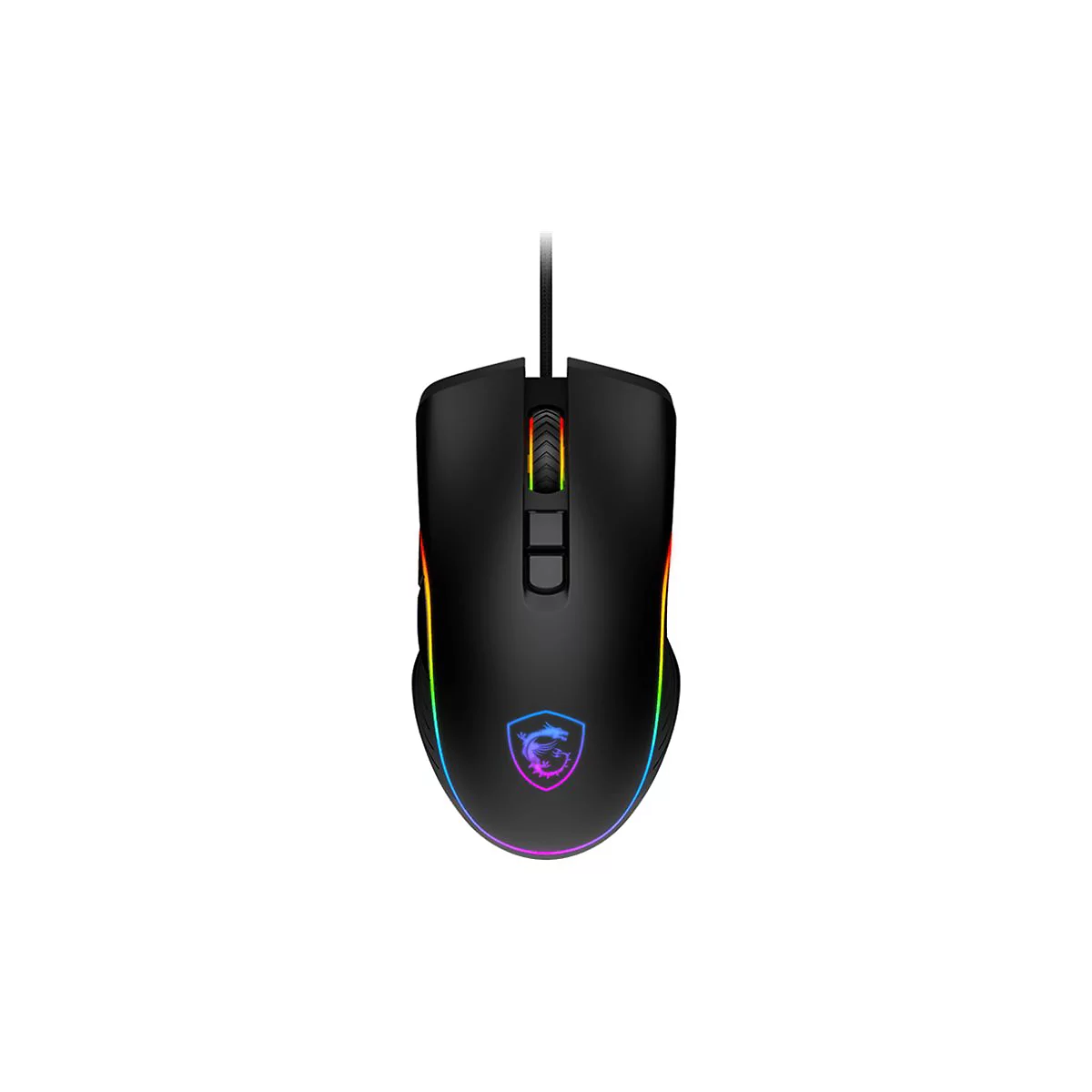 Schwarze Gaming-Maus mit Regenbogenfarben. Der Maus-Hersteller ist MSI.