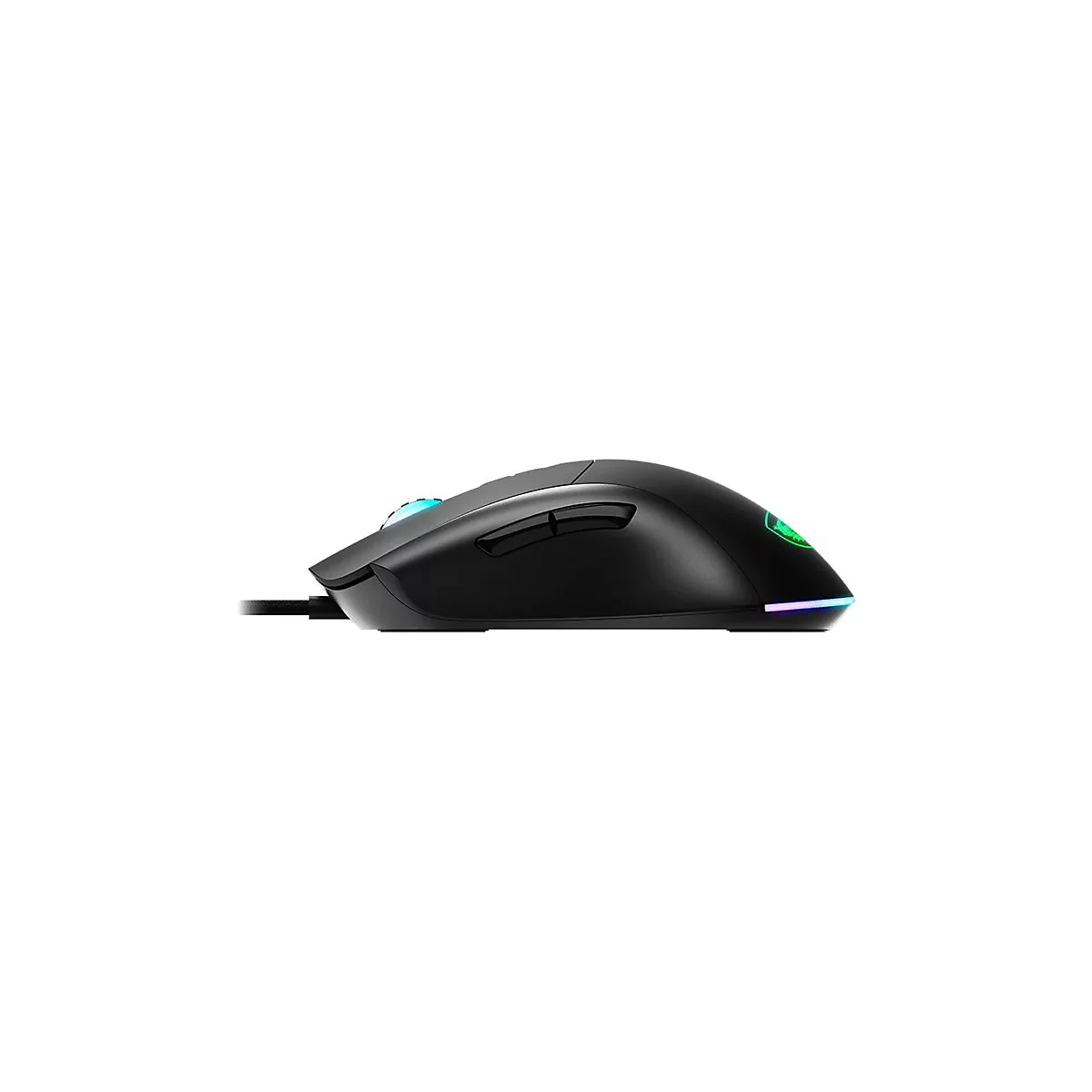 Schwarze Gaming-Maus in Seitenansicht mit leuchtendem Mausrad und RGB-Leuchtstreifen am Heck.