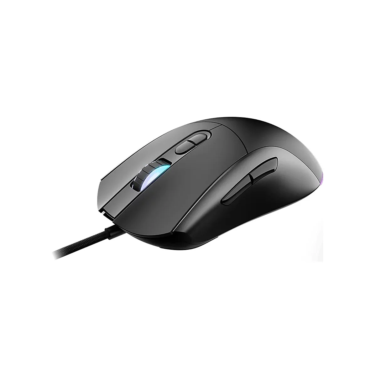 Schwarze, ergonomische Gaming-Maus mit leuchtendem Mausrad vor weißem Hintergrund.