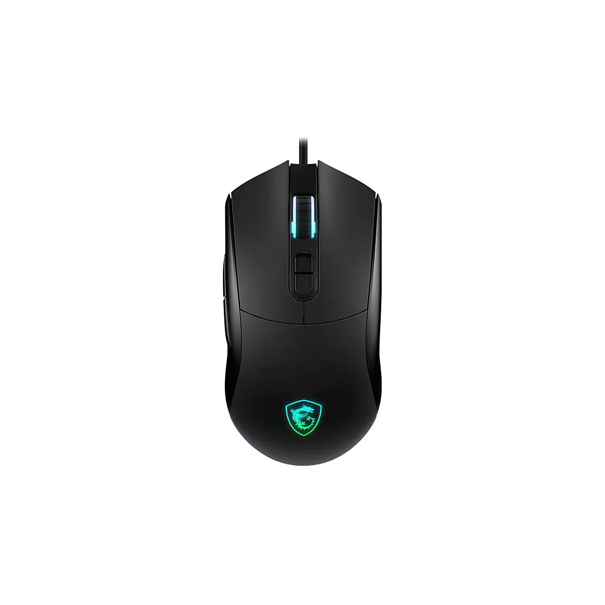 Schwarze Gaming-Maus mit RGB-beleuchtetem MSI-Drachenlogo und Scrollrad vor weißem Hintergrund.