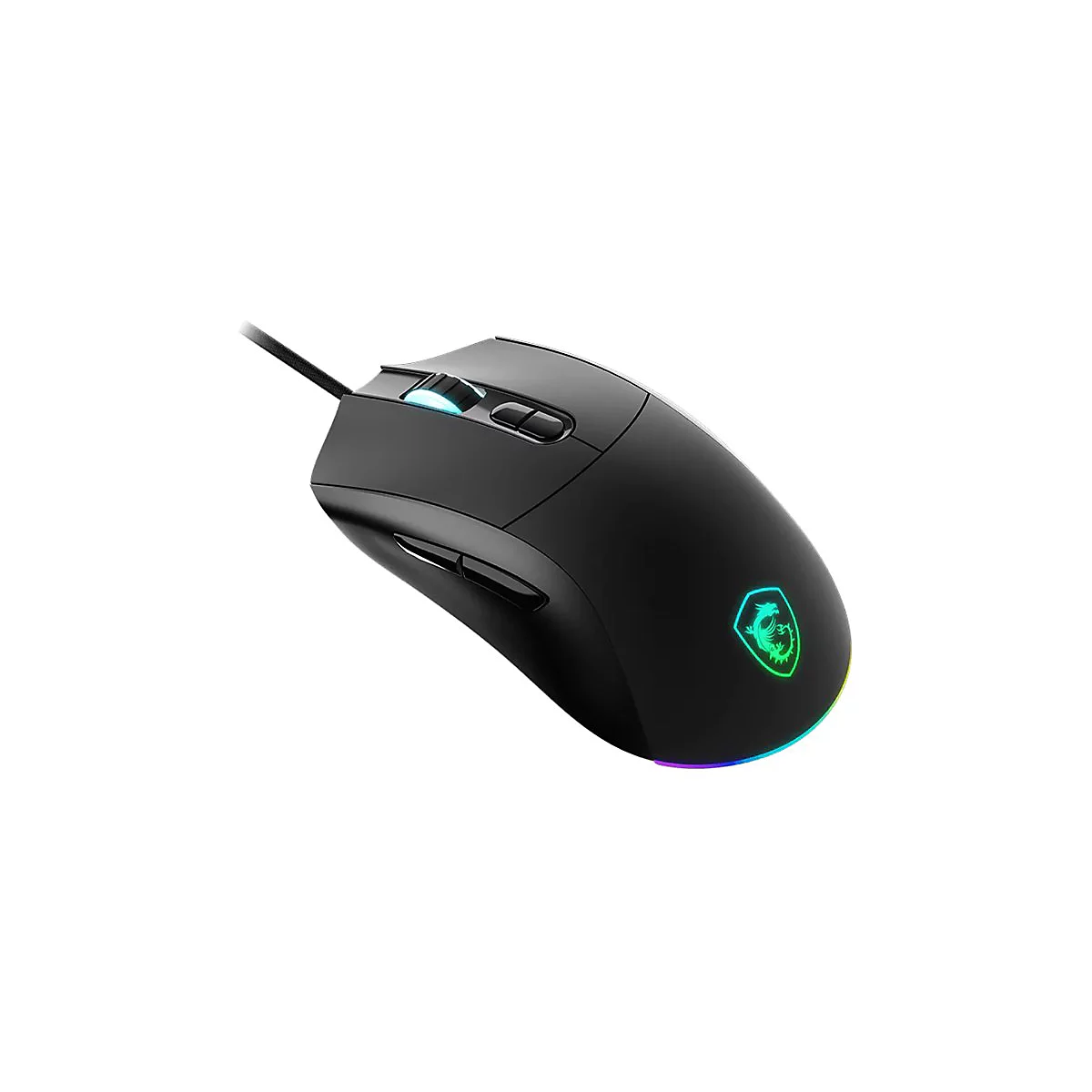 Schwarze MSI Gaming-Maus mit RGB-Beleuchtung und Drachen-Logo auf weißem Hintergrund.
