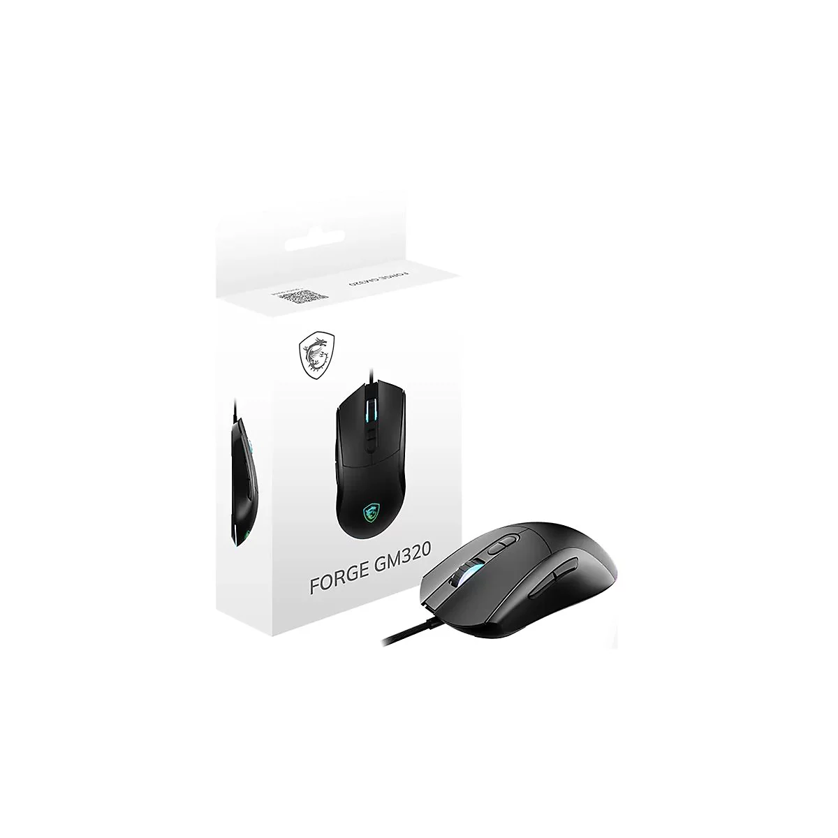 Schwarze MSI Gaming-Maus Forge GM320 mit Kabel vor ihrer weißen Produktverpackung.