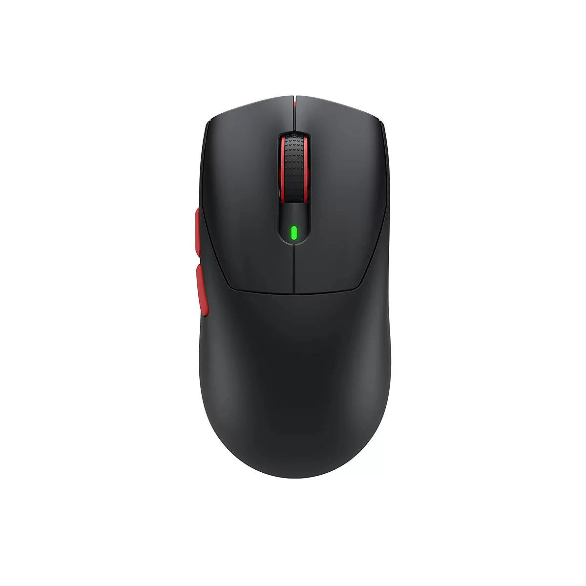 Schwarze kabellose Gaming-Maus in der Draufsicht mit rotem Mausrad, seitlichen Tasten und leuchtend grüner LED.