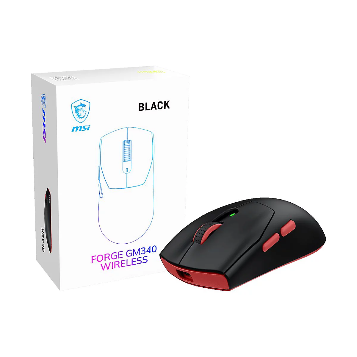 MSI Forge GM340 kabellose Gaming-Maus in Schwarz und Rot neben ihrer Produktverpackung.