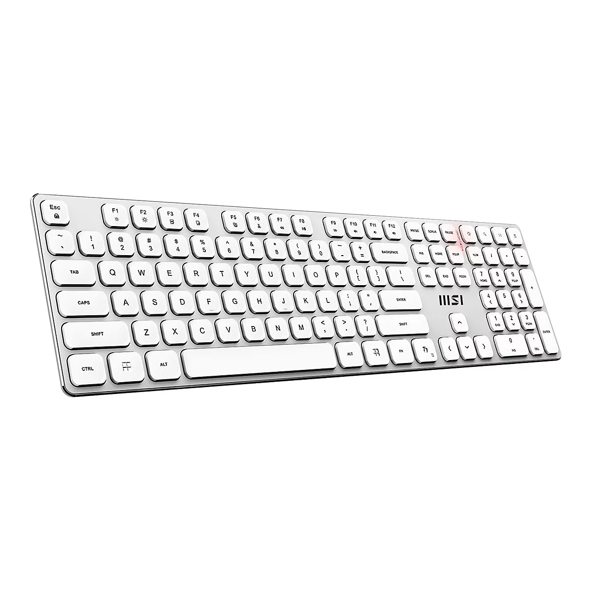 Weiße, flache MSI-Tastatur in Draufsicht auf weißem Hintergrund.