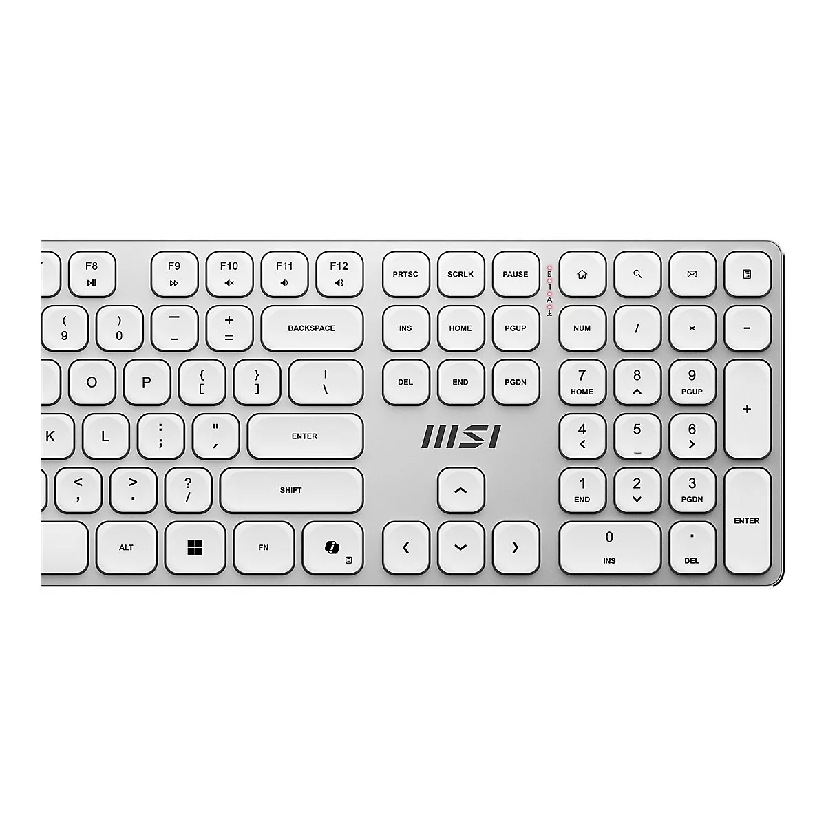 Nahaufnahme einer hellen Computertastatur mit abgerundeten Tasten und silbernem MSI-Logo in der Mitte.