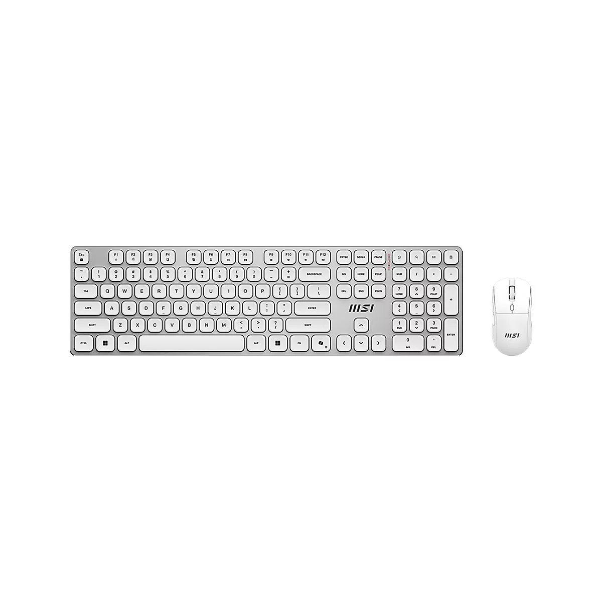 Drahtloses weißes MSI-Tastatur- und Mausset vor weißem Hintergrund.