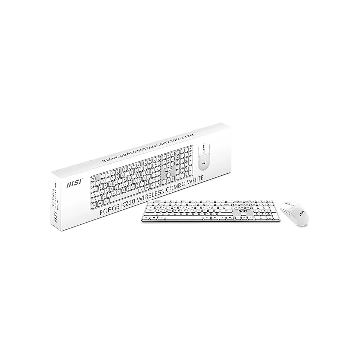 Weißes MSI Forge K210 Wireless Combo Tastatur- und Maus-Set vor der zugehörigen Produktverpackung.