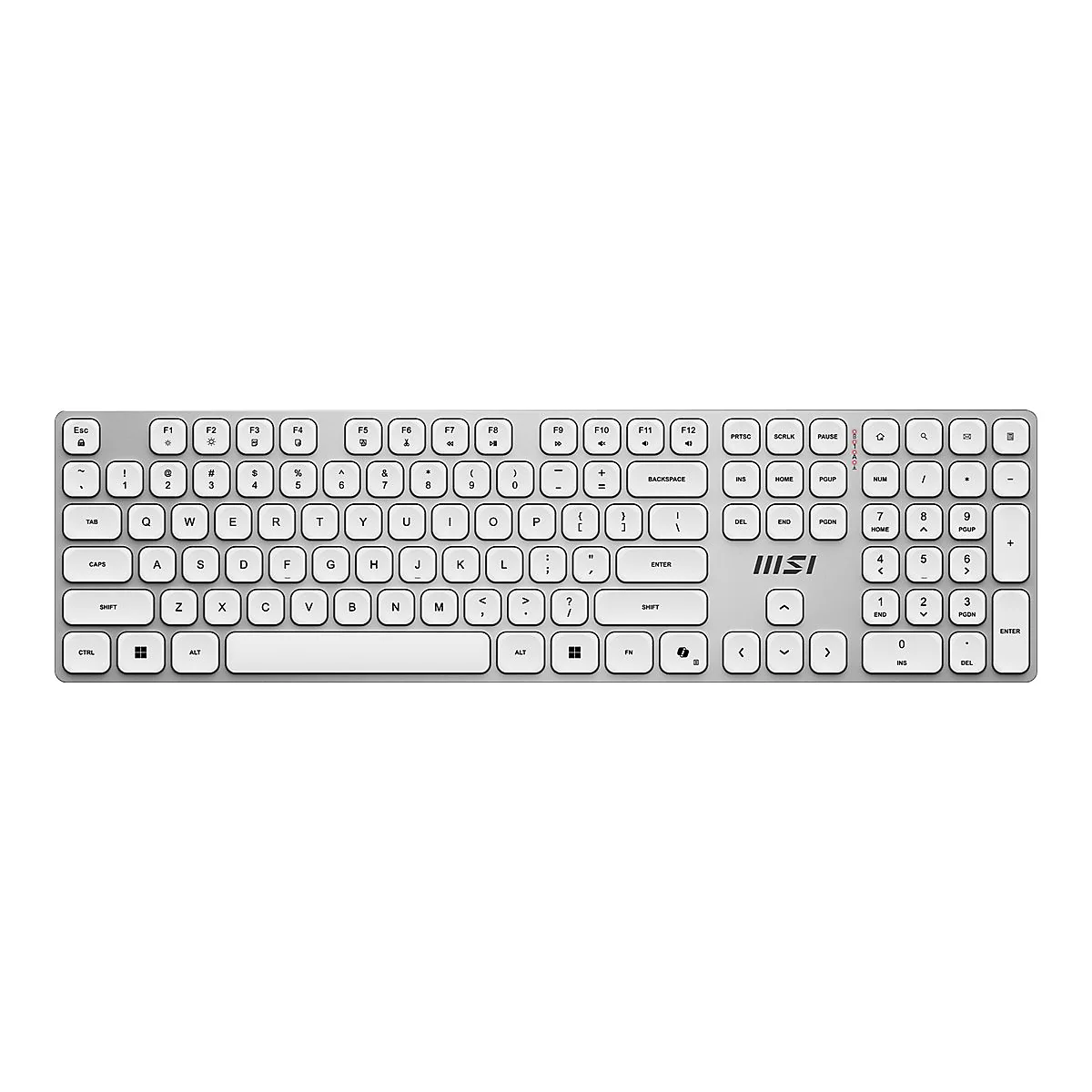 Silberne MSI Tastatur mit flachen Tasten vor weißem Hintergrund.