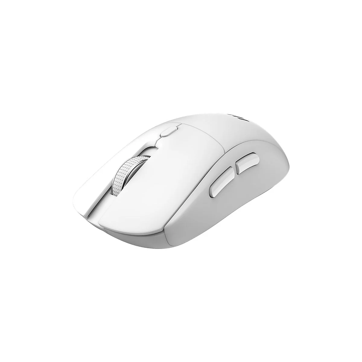 Weiße, kabellose Gaming-Maus mit Mausrad und Seitentasten vor weißem Hintergrund.