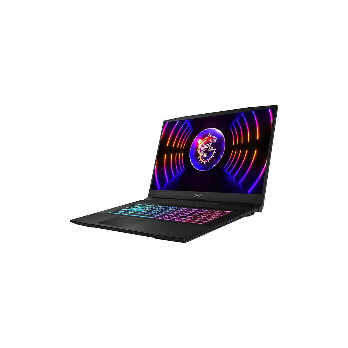 Schwarzer Laptop mit bunten Tasten, geöffnet auf weißem Hintergrund. Auf dem Bildschirm ein Drachenlogo und farbige Muster.