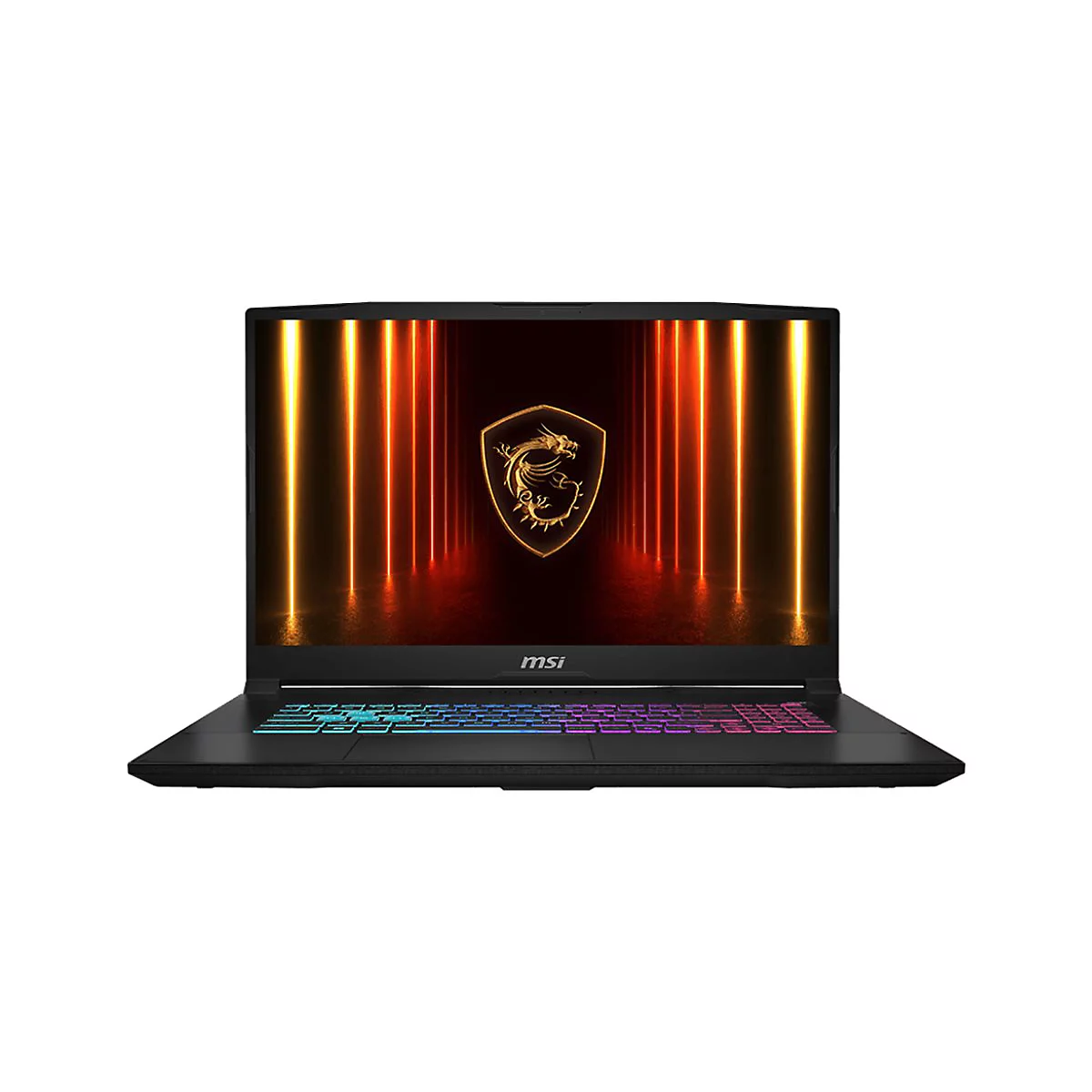 Schwarzes MSI-Laptop mit beleuchteter Tastatur. Der Bildschirm zeigt ein goldfarbenes Drachenlogo.