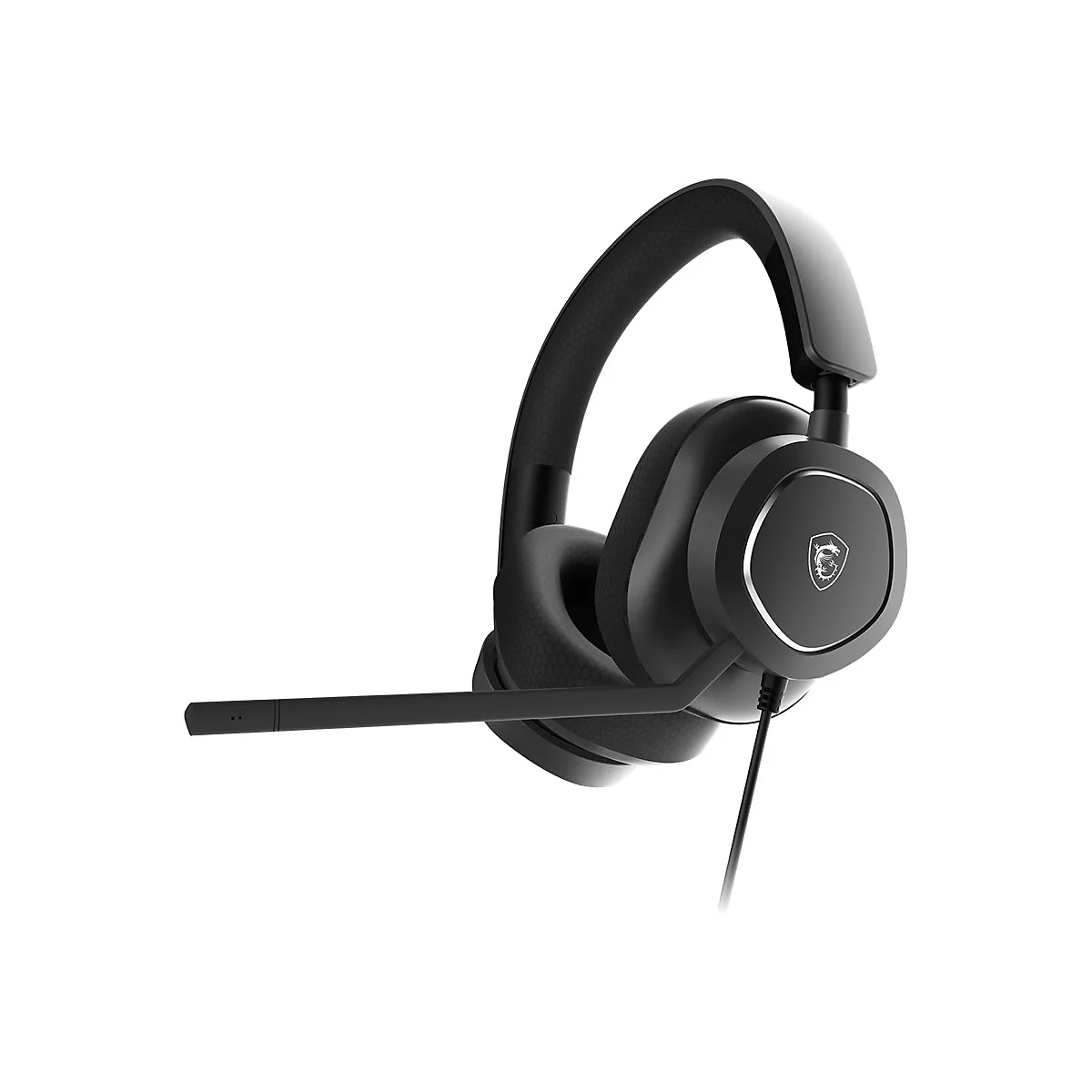 Schwarzes MSI Gaming-Headset mit Bügelmikrofon auf weißem Hintergrund.