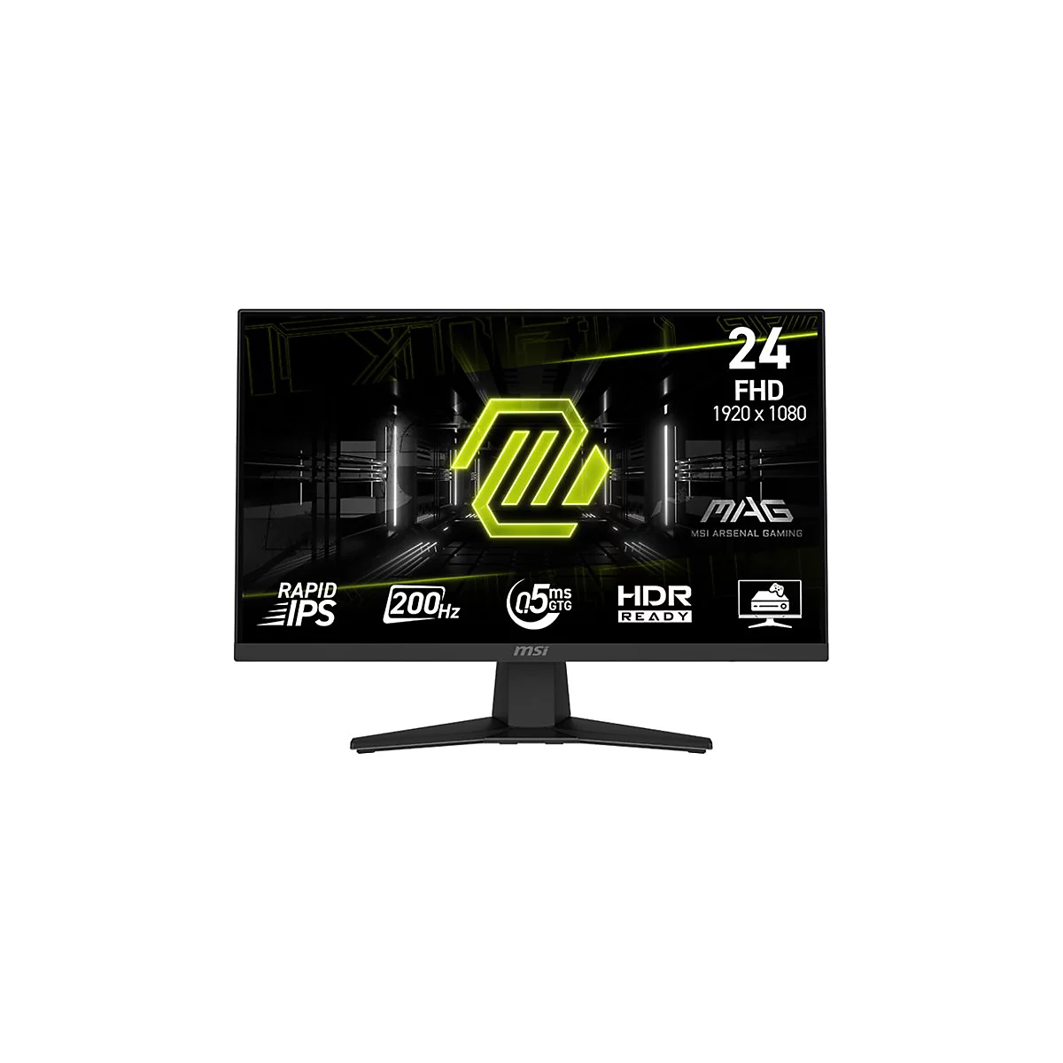 Schwarzer MSI-Monitor mit gelben Details, Spezifikationen und Logo. Aufschrift: 24 FHD 1920x1080, HDR Ready, Rapid IPS, 200Hz.