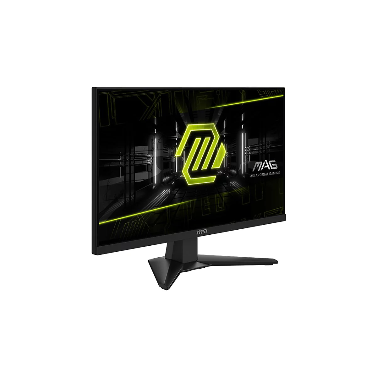 Schwarzer Gaming Monitor mit MSI-Logo, gelben Grafiken und Schriftzug 'MAG' auf dem Bildschirm.