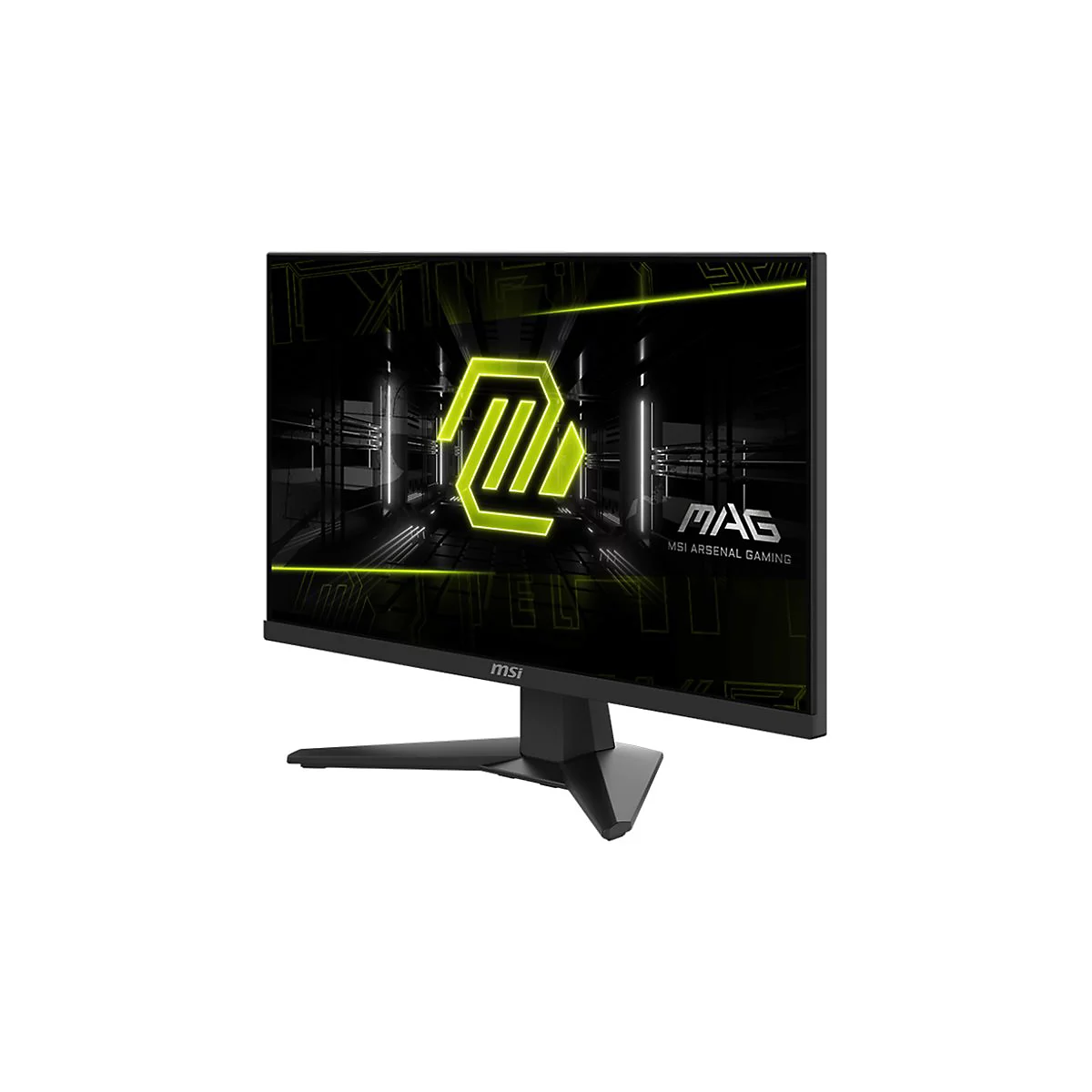 Schwarzer Monitor mit Logo und Schriftzug 'MSI Arsenal Gaming' vor weißem Hintergrund.
