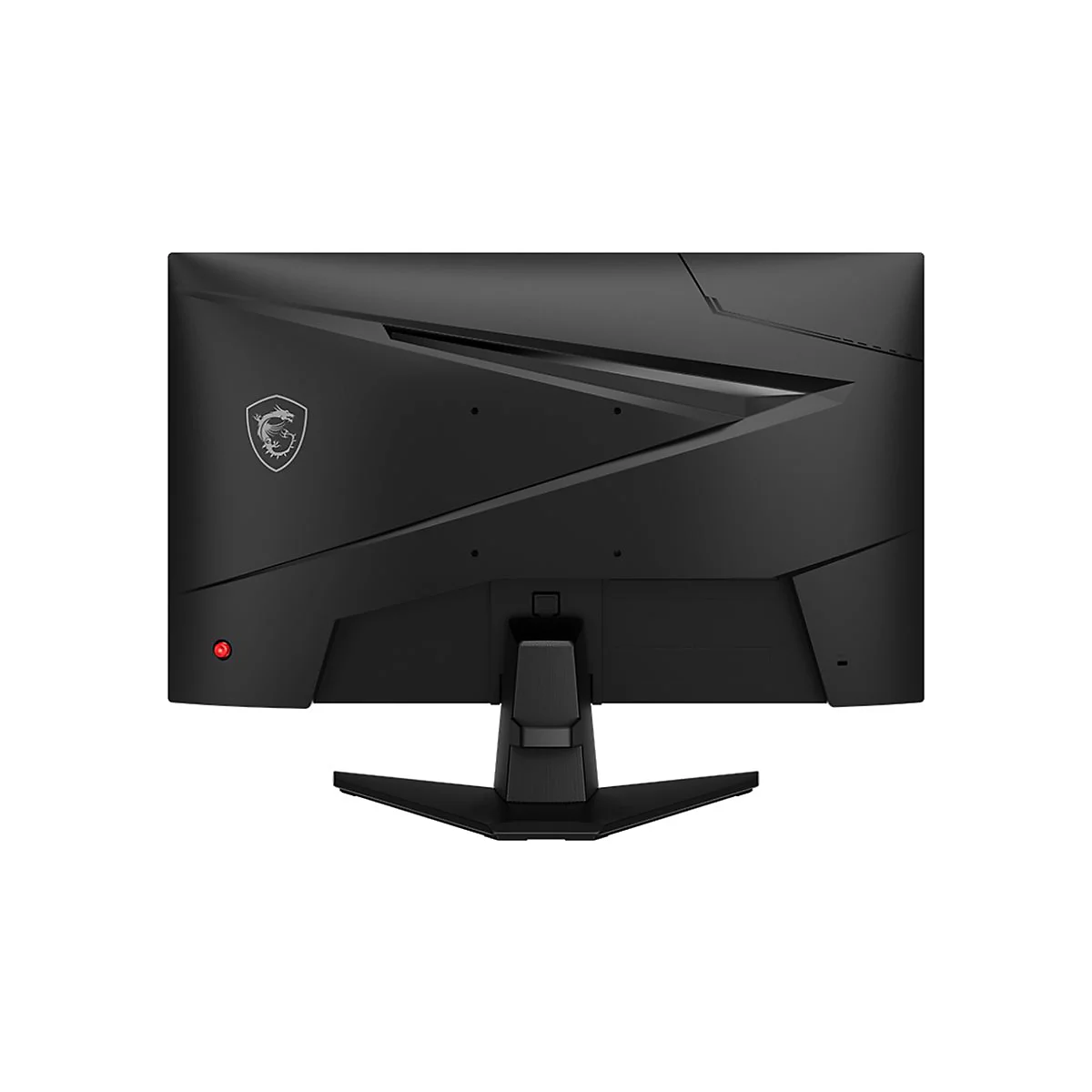 Schwarzer Gaming-Monitor von hinten, Logo und rote LED.