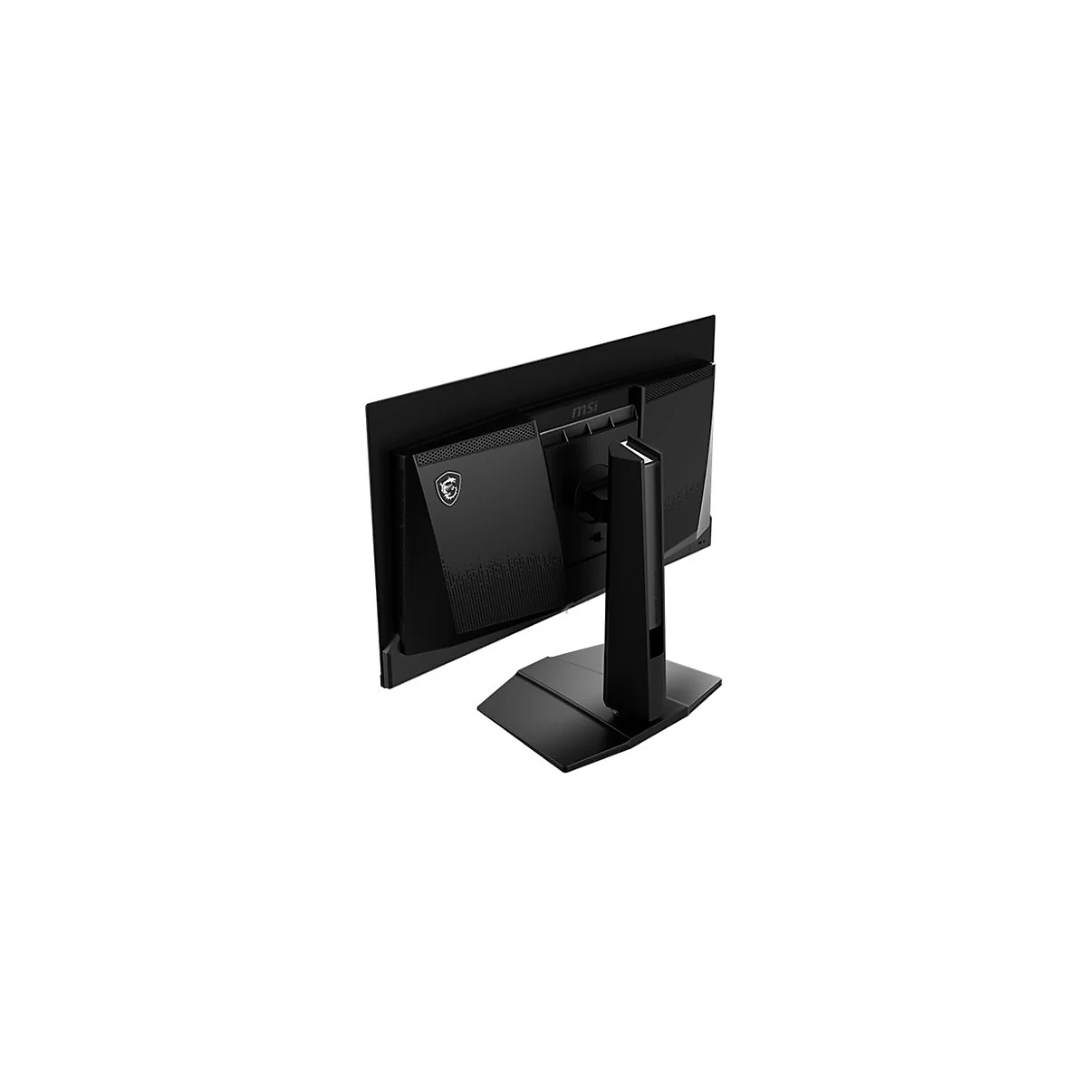 Rückansicht eines schwarzen MSI Gaming-Monitors auf einem Standfuß vor weißem Hintergrund.