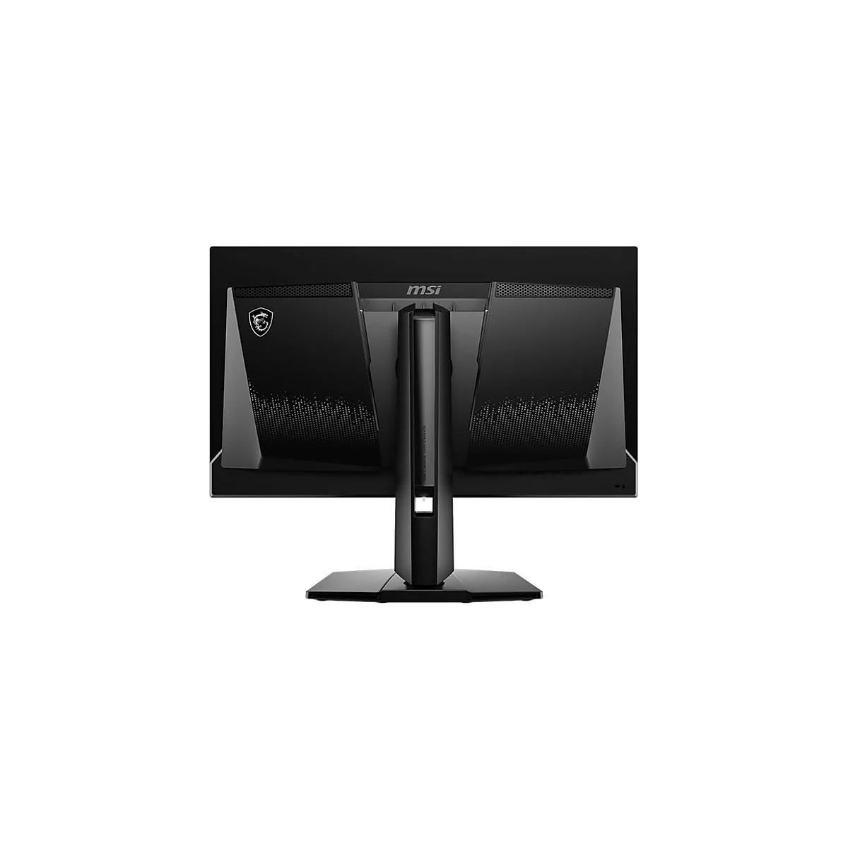 Rückseite eines schwarzen MSI Gaming-Monitors mit Standfuß und Drachenlogo auf weißem Hintergrund.