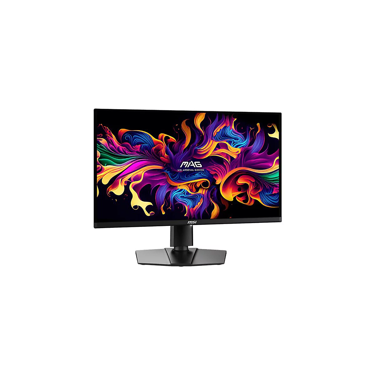 MSI MAG Gaming-Monitor mit schwarzem Standfuß und farbenfrohem, abstraktem Display-Hintergrundbild.