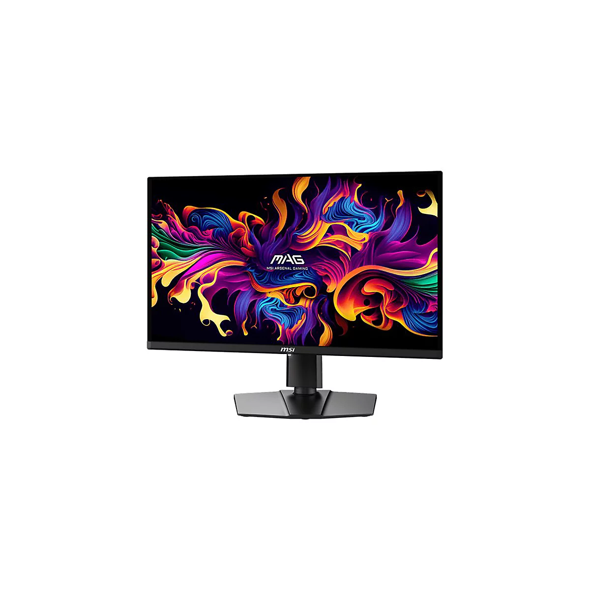 MSI Gaming-Monitor auf schwarzem Standfuß mit farbenfroher, abstrakter Grafik auf dem Display.