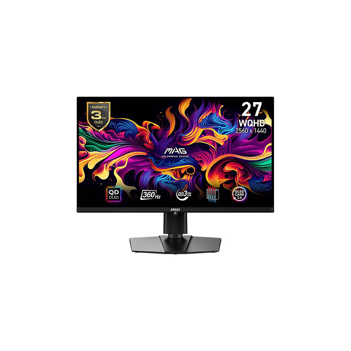 MSI Gaming-Monitor, 27 Zoll WQHD, mit OLED-Display und farbenfrohem Hintergrund vor weißem Hintergrund.