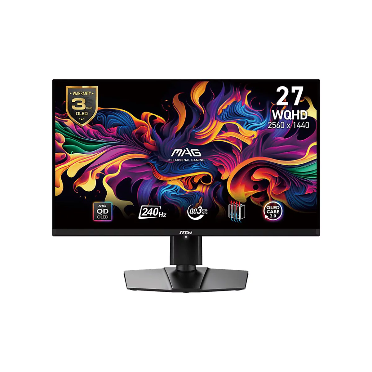 Schwarzer Monitor mit bunten Grafiken. 27 Zoll, WQHD, 240 Hz, OLED. Mit Standfuß.