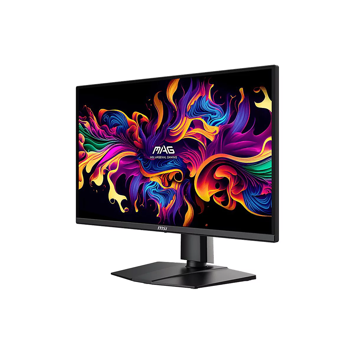 MSI Gaming-Monitor vor weißem Hintergrund mit farbenfrohem, abstraktem Grafik-Hintergrundbild auf dem Display.