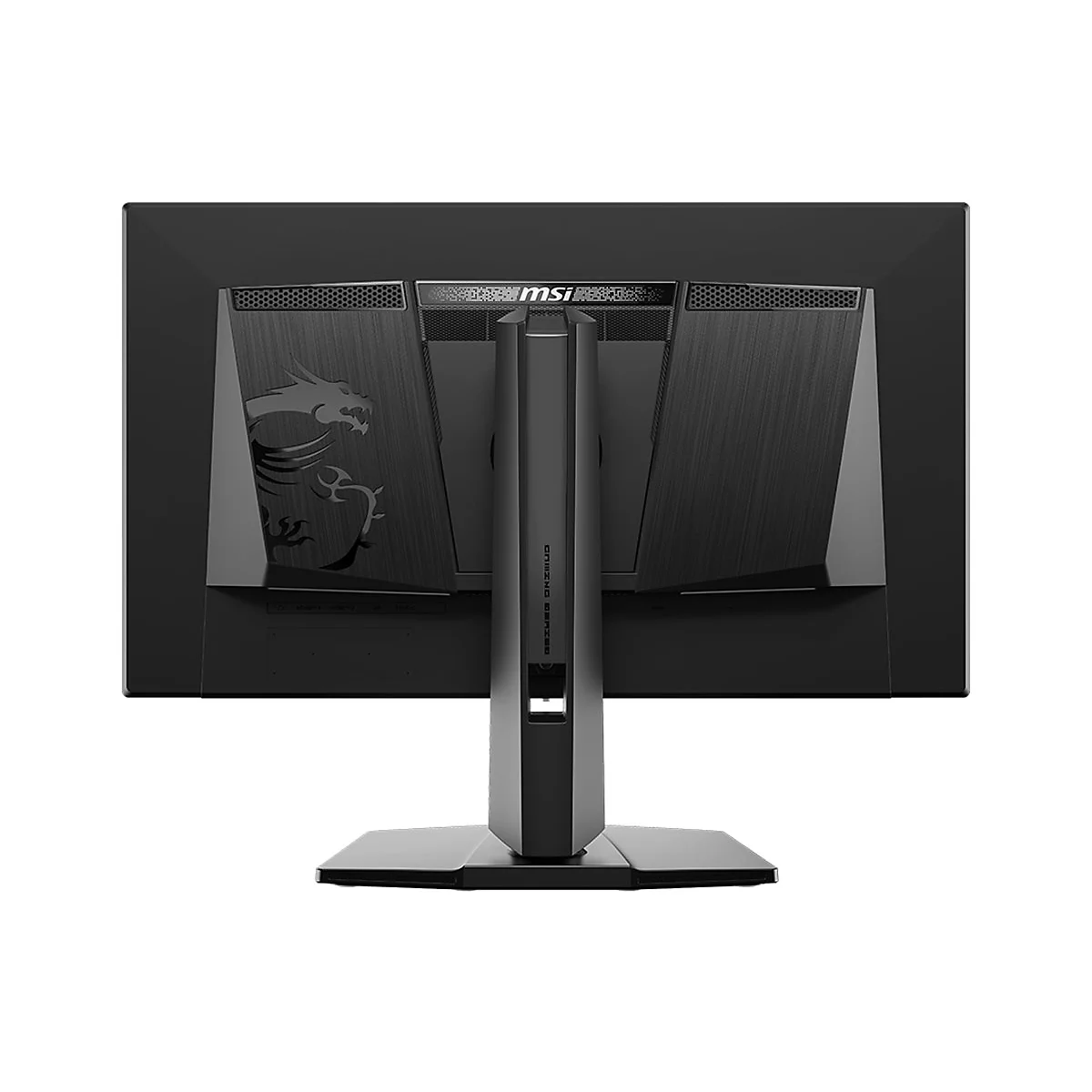 Rückseite eines schwarzen MSI Gaming-Monitors mit Drachenlogo auf dem Gehäuse und mittigem Standfuß.