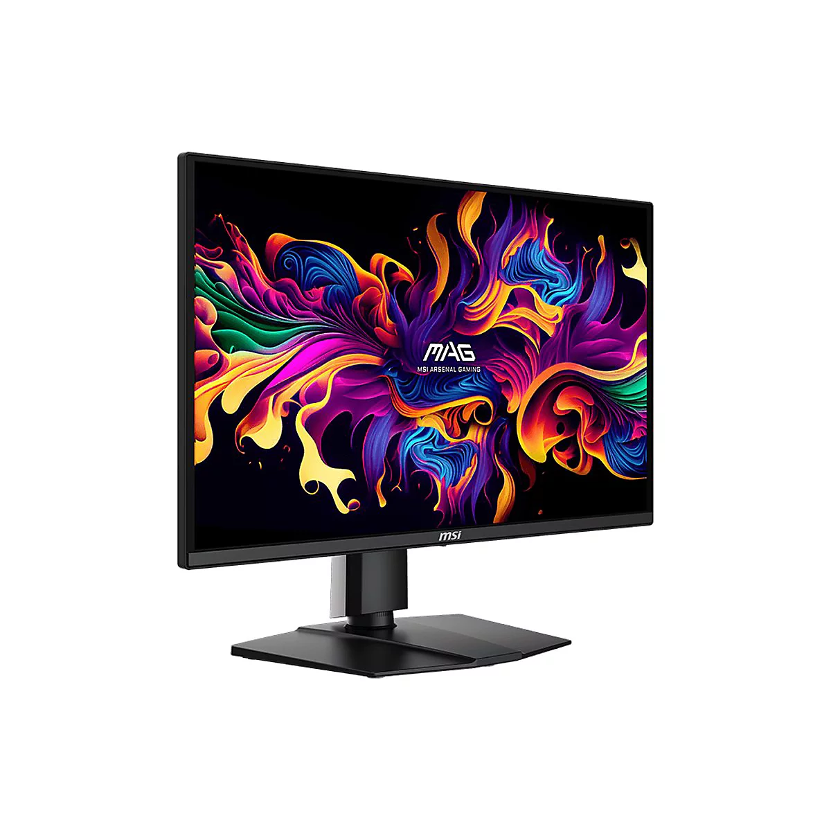 MSI Gaming-Monitor vor weißem Hintergrund mit farbenfrohem, abstraktem Wallpaper auf dem Display.