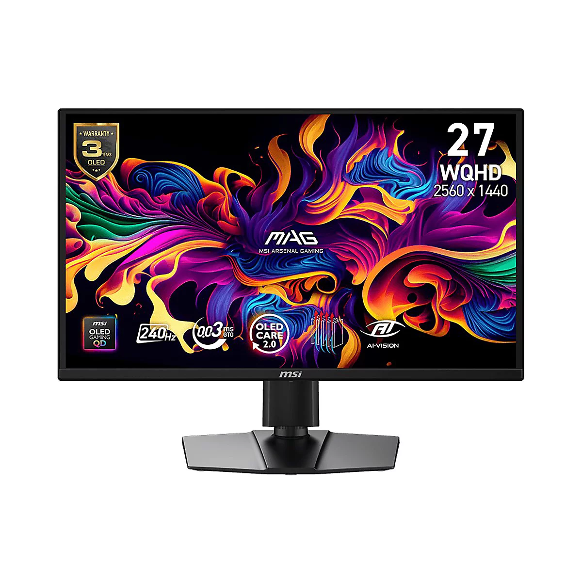 MSI Gaming-Monitor 27 Zoll WQHD mit farbenfrohem, abstraktem Display-Hintergrundbild.