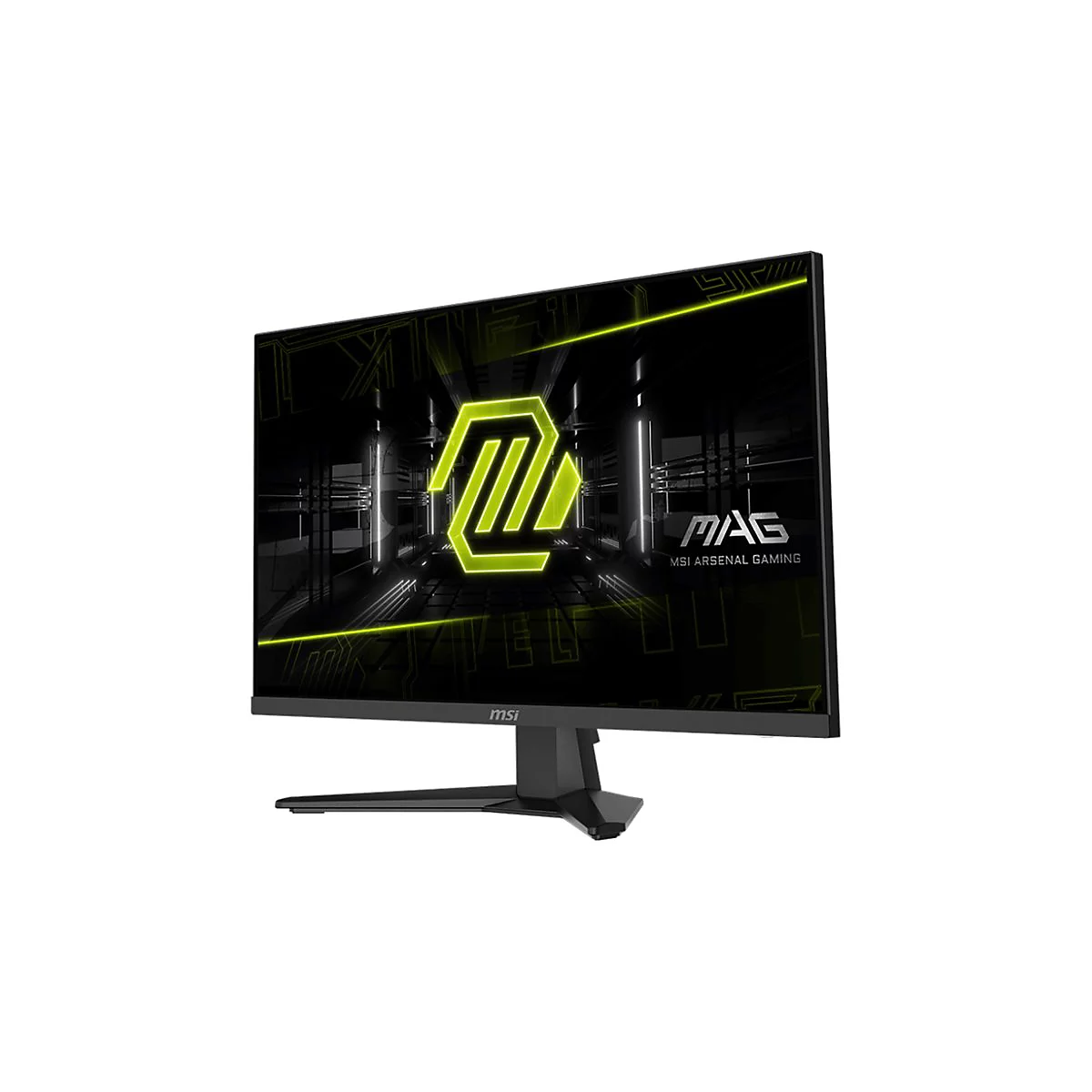 Ein schwarzer Gaming-Monitor mit leuchtend grünem Logo. Der Bildschirm zeigt ein abstraktes Muster und die Schriftzüge MSI Arsenal Gaming.