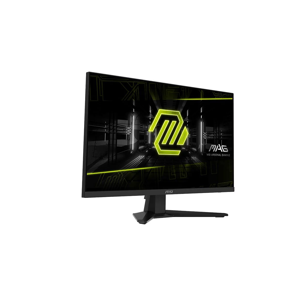 Schwarzer Gaming Monitor mit Neon-Design. Auf dem Bildschirm leuchtet das MSI-Logo.