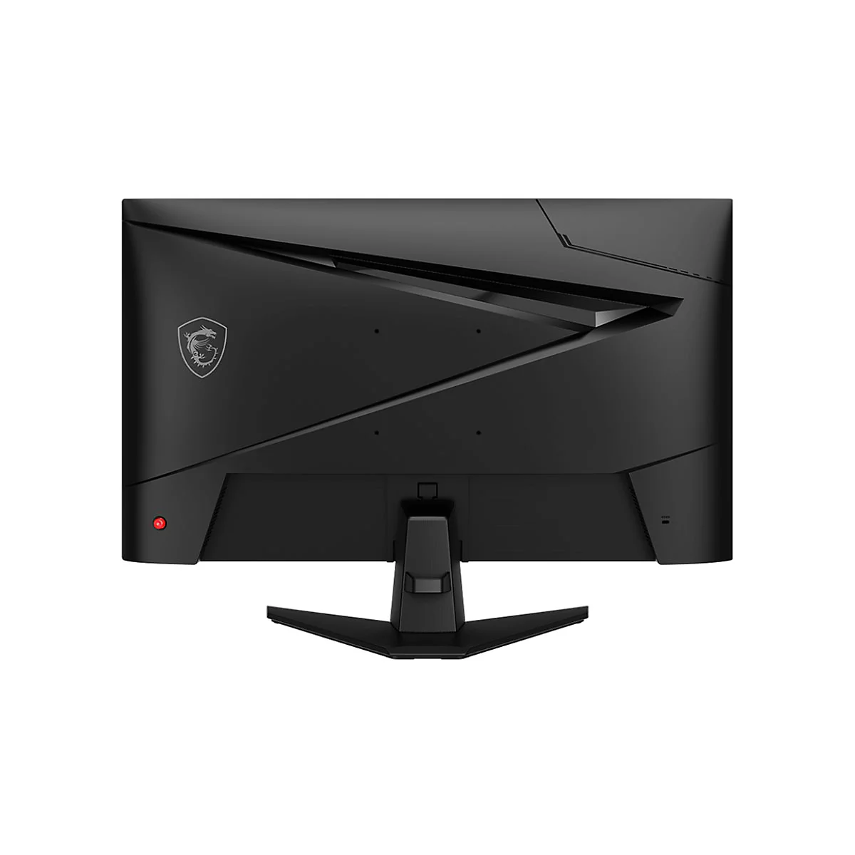 Schwarzer Monitor mit MSI-Logo, Rückansicht. Ein roter Knopf befindet sich an der unteren linken Ecke.