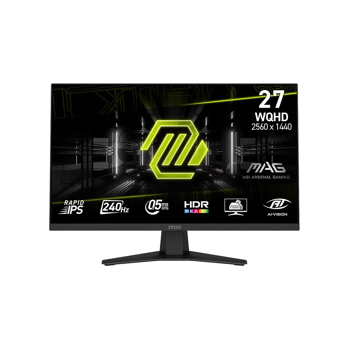 Schwarzer Monitor mit 27-Zoll-Display, WQHD, 2560 x 1440, Gaming-Merkmale.