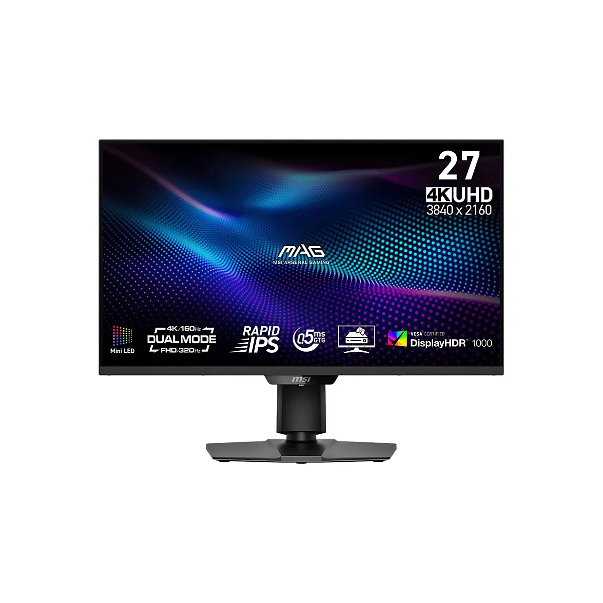 Schwarzer Monitor mit 27-Zoll-Bildschirm, 4K-Auflösung, HDR und verschiedenen Logo-Aufdrucken.