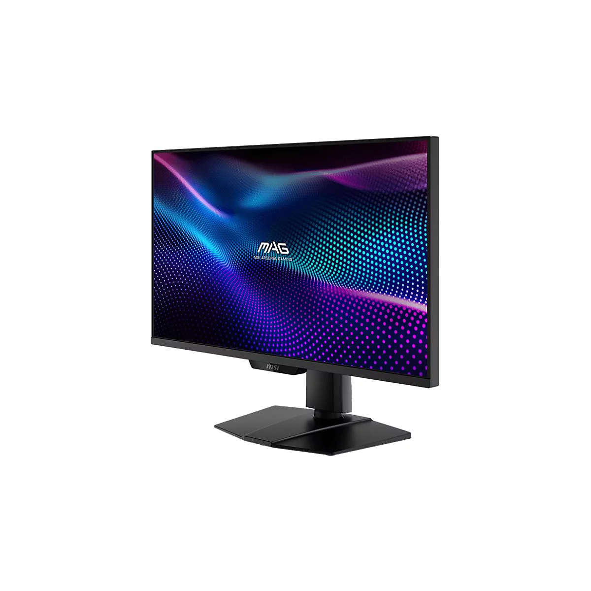Schwarzer Gaming-Monitor mit blau-violettem Bildschirmhintergrund. Der Monitor steht auf einem schwarzen Standfuß.