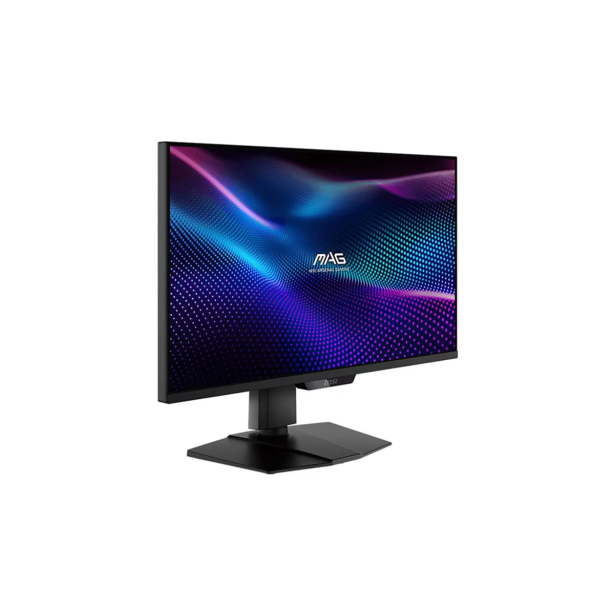 Schwarzer Gaming Monitor mit MSI-Logo, Display mit bunten Wellen vor weißem Hintergrund. Der Monitor ist leicht angewinkelt, um die Details zu zeigen.