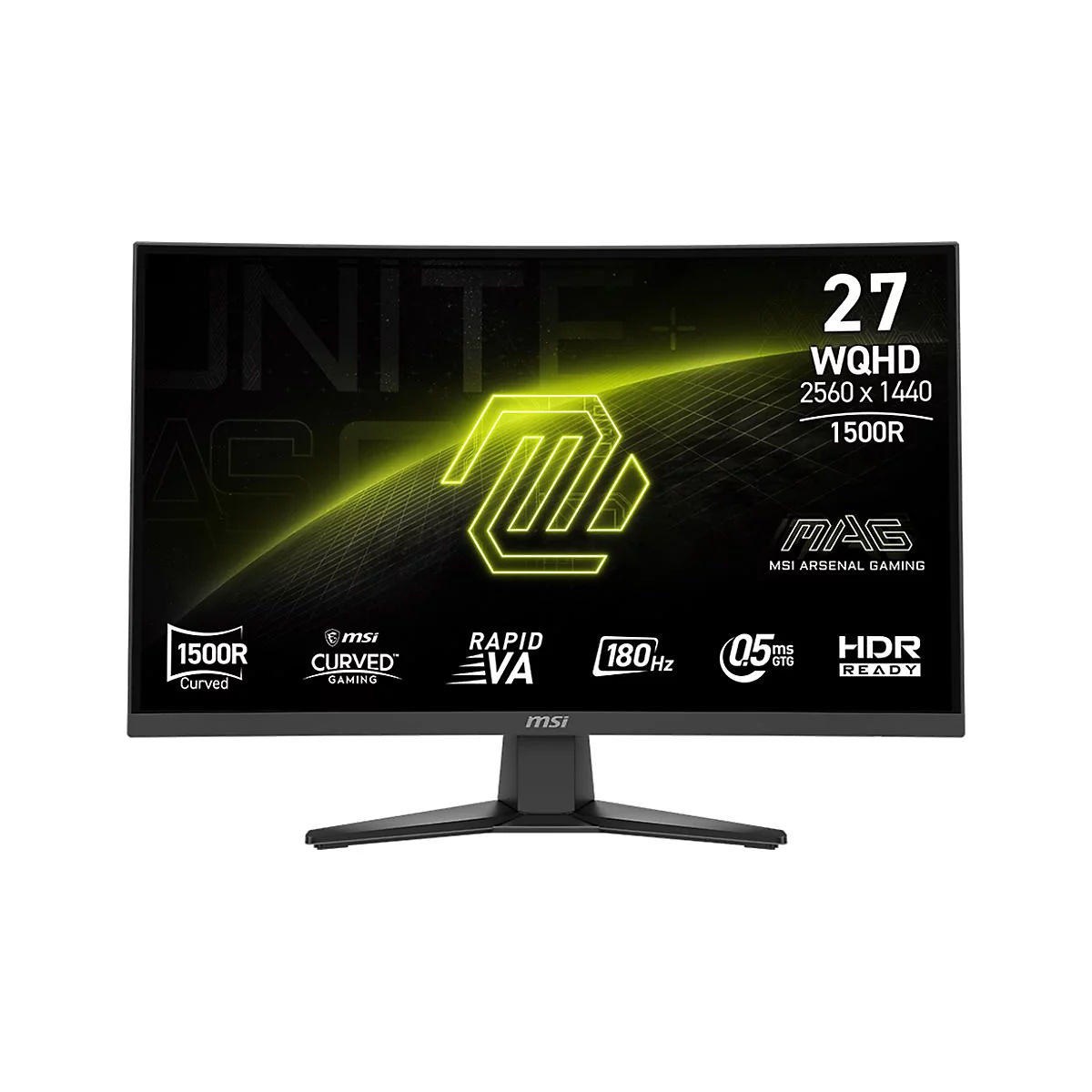 MSI Gaming-Monitor 27 Zoll, gewölbt, mit technischem Display-Inhalt und Modellbezeichnung MAG auf weißem Hintergrund.