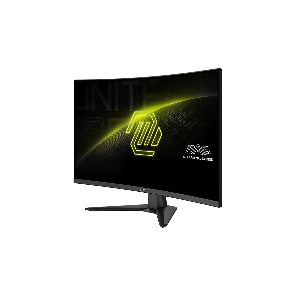 Gebogener MSI-Gaming-Monitor mit Logo auf schwarzem Bildschirm, schwarzem Standfuß. Die Schrift lautet MAG, MSI ARSENAL GAMING.