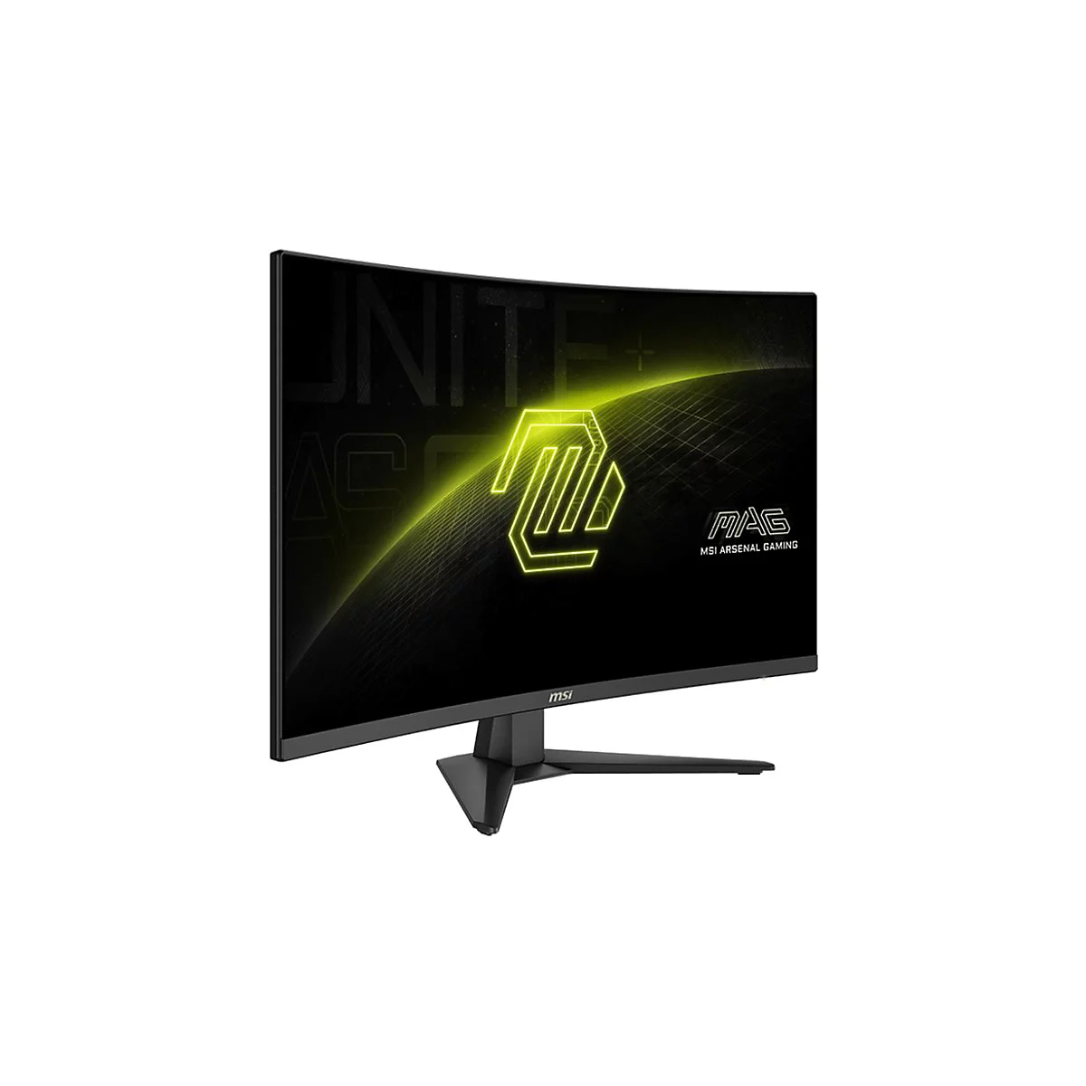 Ein schwarzer, gebogener MSI-Gaming-Monitor mit gelbem Logo und Aufschrift.