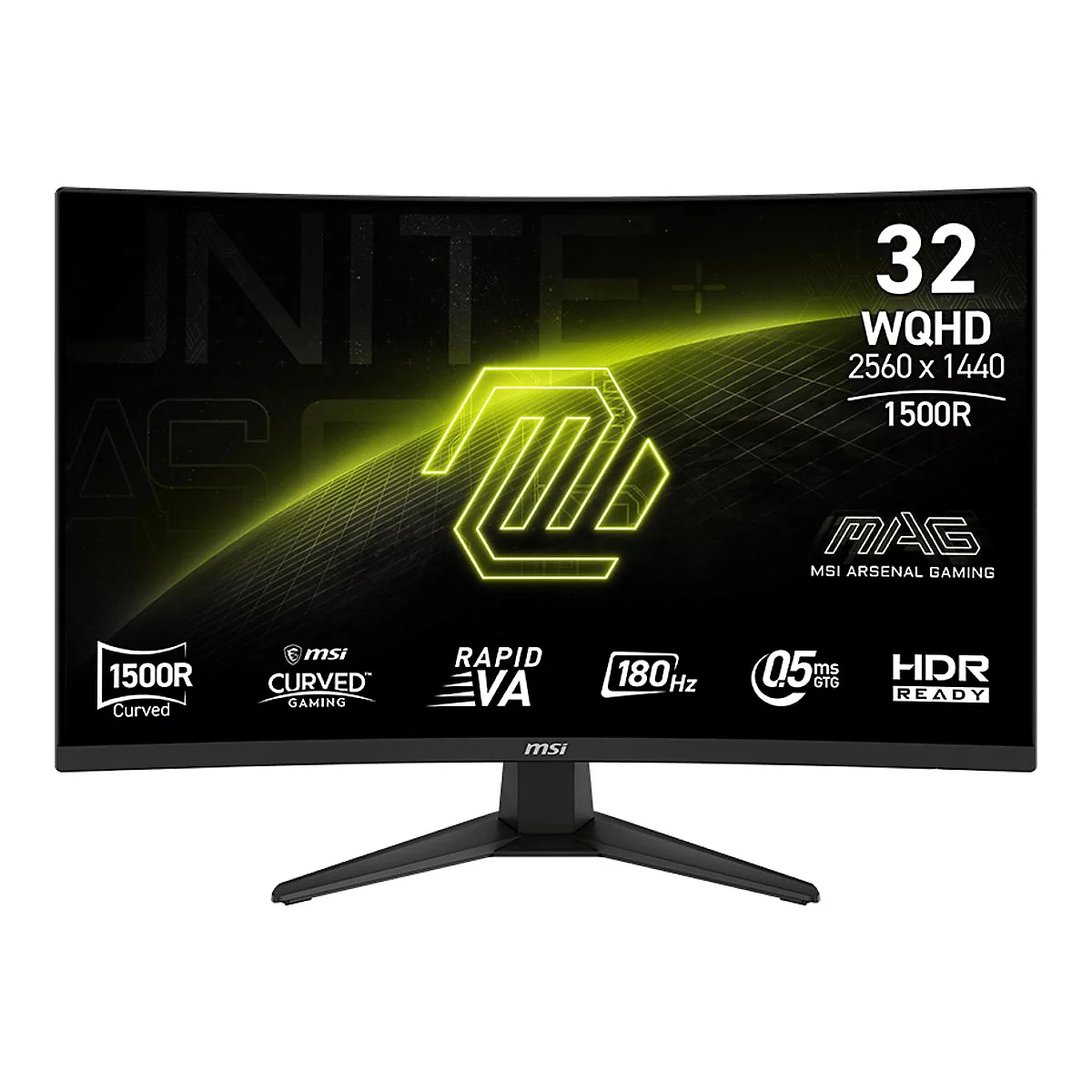 Gebogener Gaming-Monitor mit 32 Zoll Bildschirmdiagonale, Auflösung 2560x1440, mit Logo und Produktbezeichnungen.